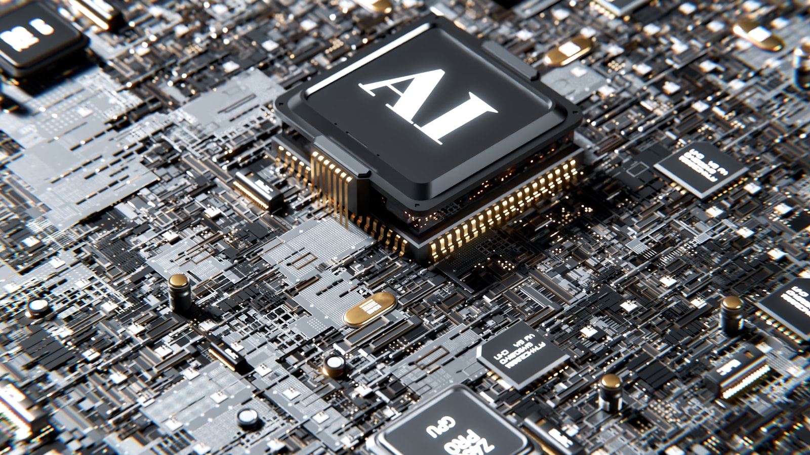 Close-up of an AI processor chip on a circuit board.